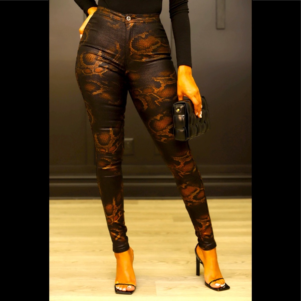 Swank Snake Printed Coated Jeans - Black